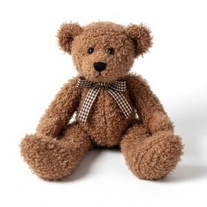 Russ Frizzly Bear Brown Curly Gingham Bow Stuffed Animal Plush Toy 10"